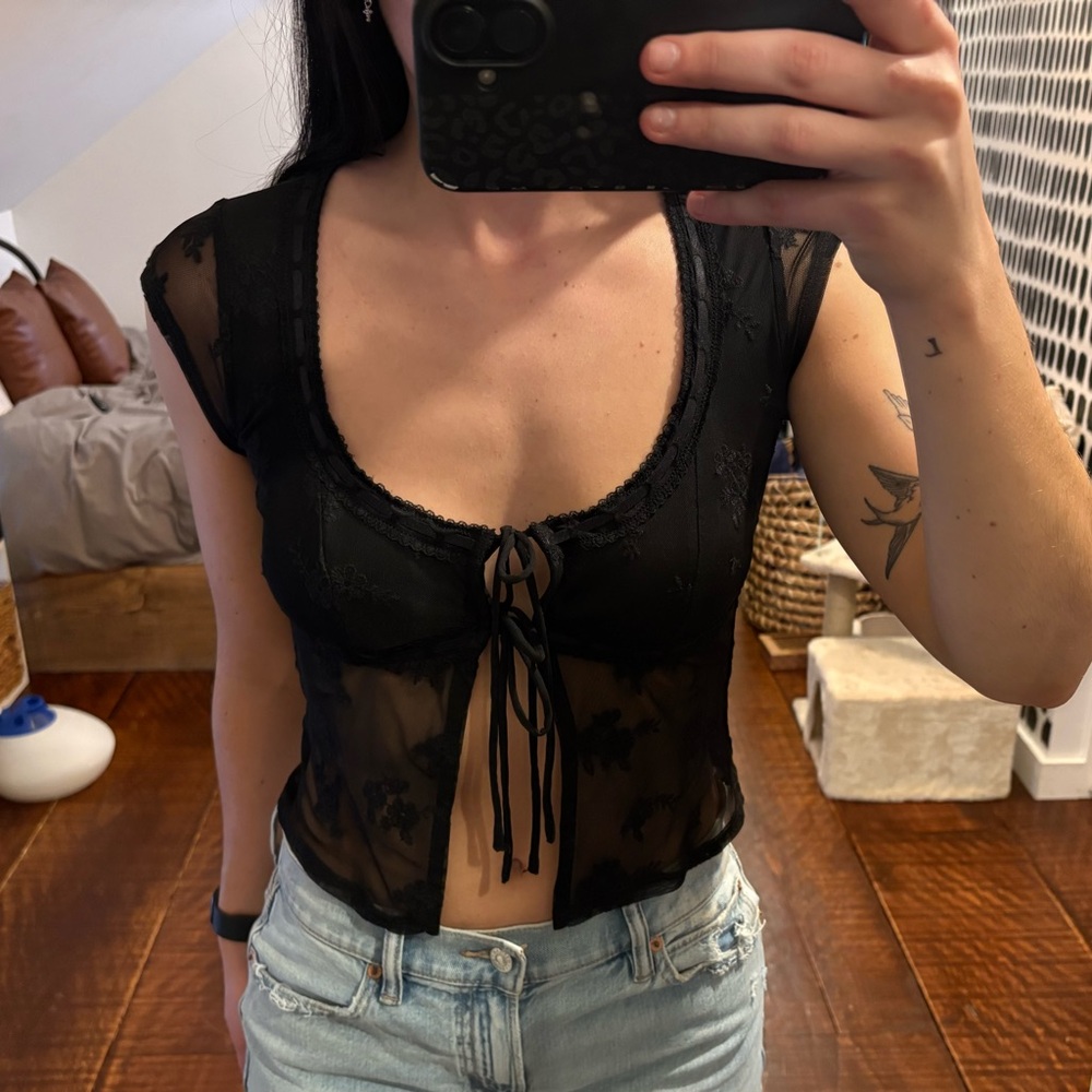 Garage Black Sheer Lace Tie-Front Top